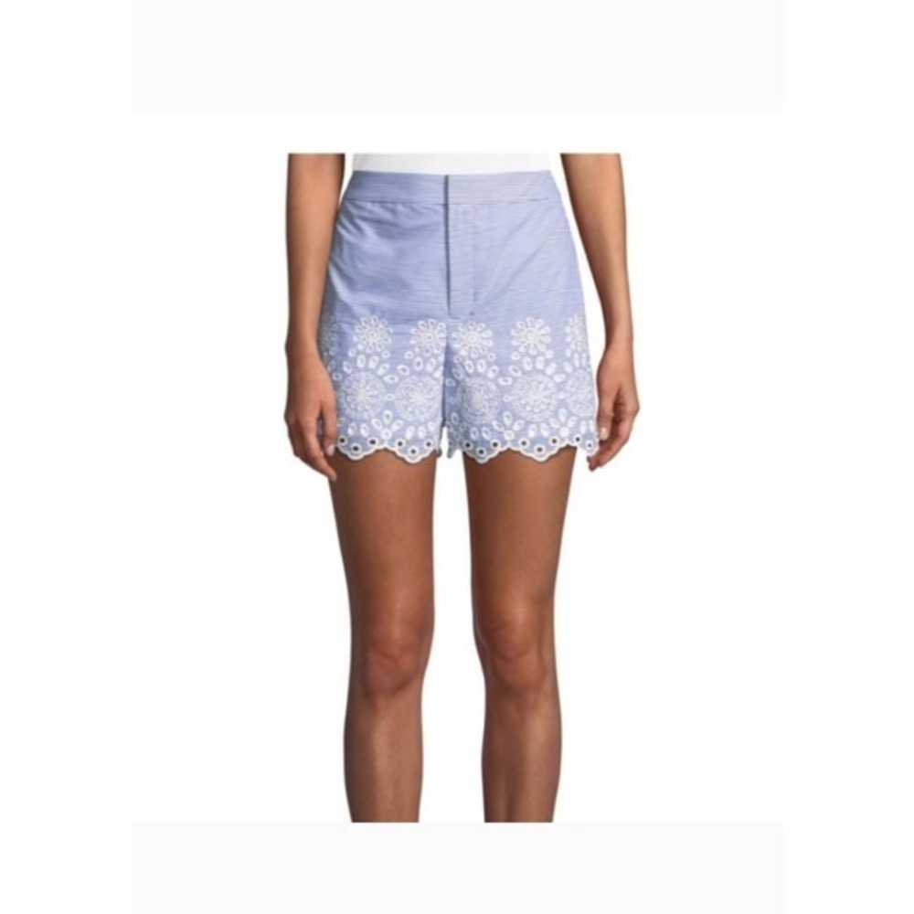 Club Monaco Blue and White Striped Lace-Hem Vannah Scalloped High-Waist Shorts
